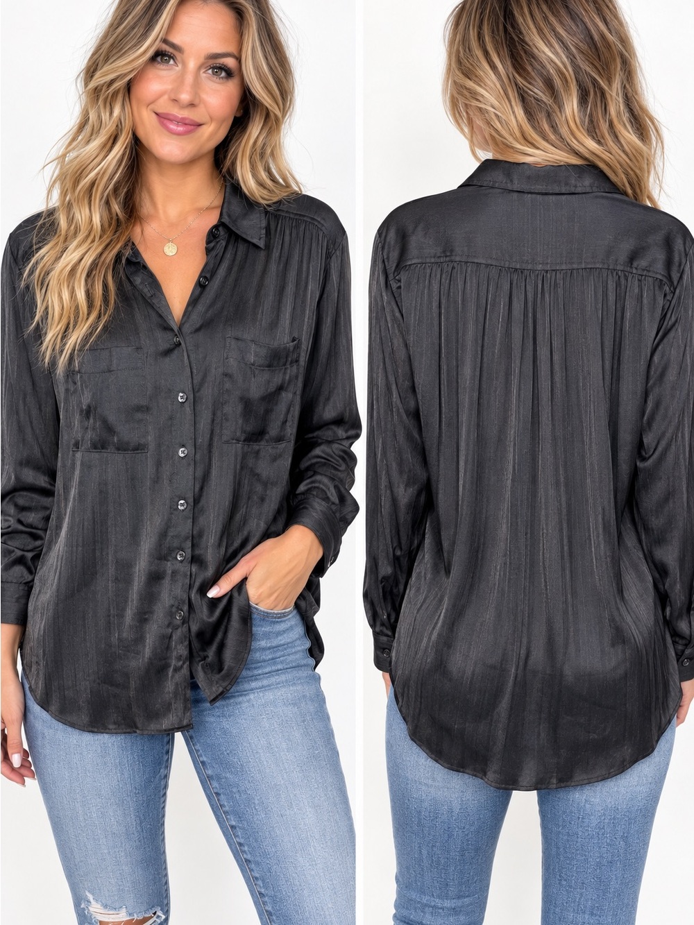 Anthropologie Black Satin-Effect Button Down Shirt